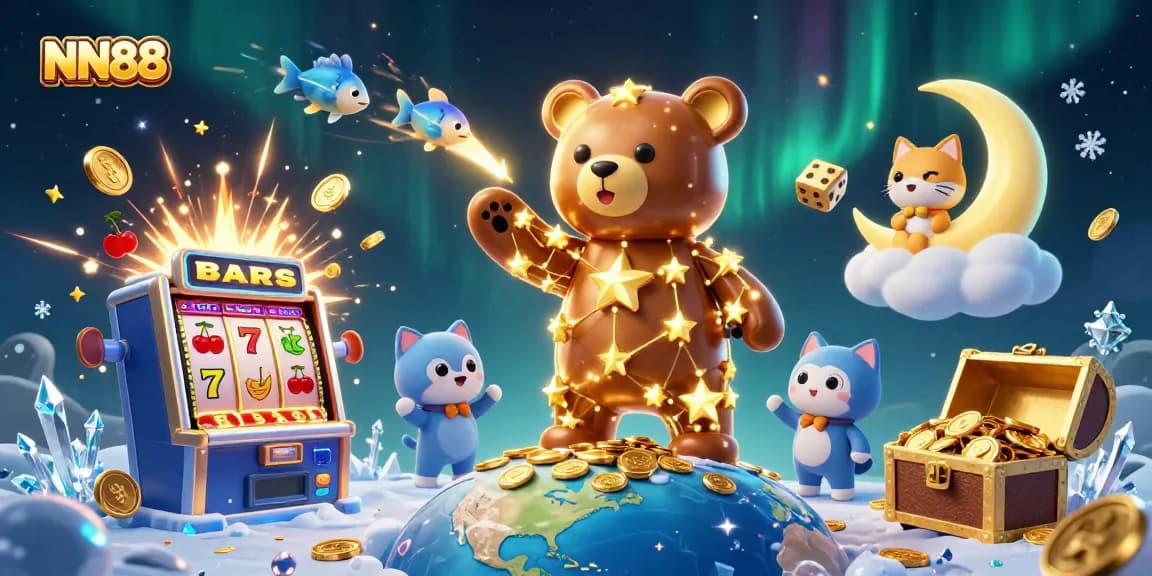 Experience the thrill at NN88, where a constellation bear delights in a jackpot explosion while winning coins.