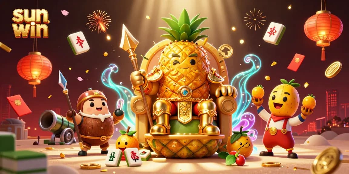 Experience sun win excitement with a vibrant 3D casino scene featuring the golden pineapple king and dynamic game elements.
