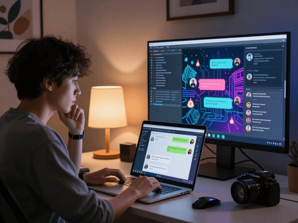 Engaging NSFW AI chat scene featuring person interacting with vibrant chat interface in a tech-savvy workspace.
