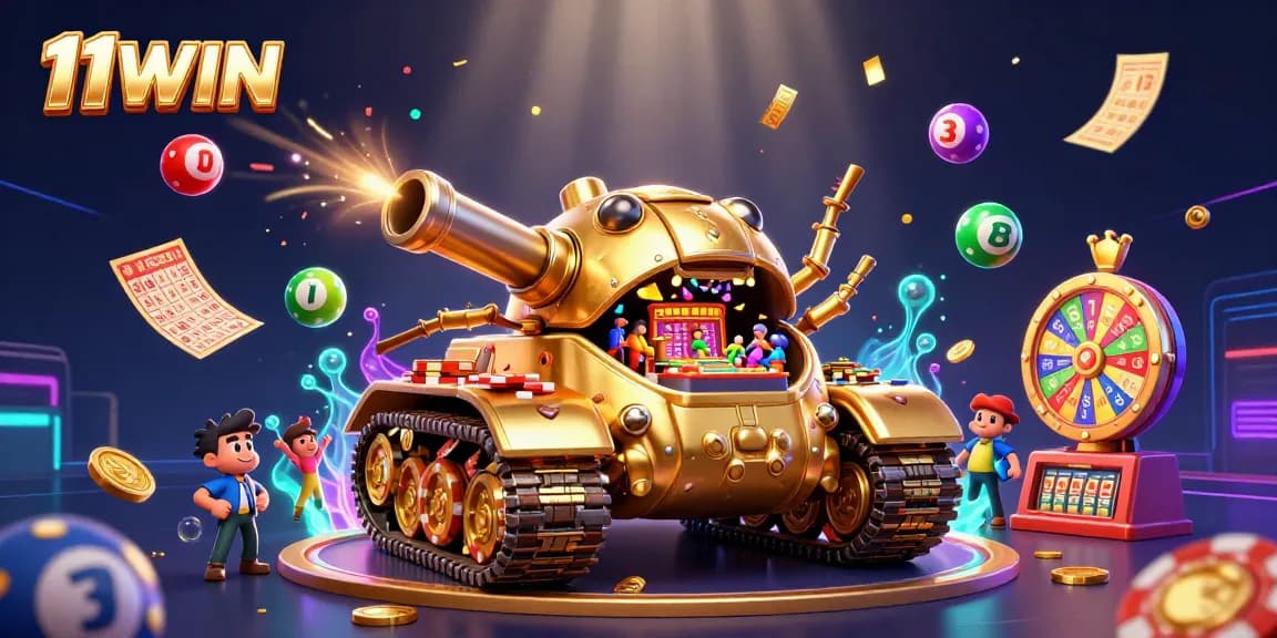 Experience the vibrant excitement of 11WIN with a dynamic casino scene featuring a golden beetle tank and lottery elements.