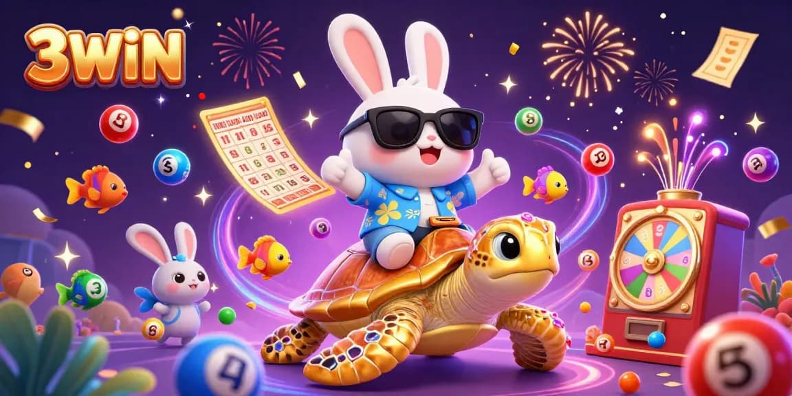 Experience 3WIN's exhilarating gaming environment with a lucky rabbit and sea turtle, surrounded by vibrant casino elements.