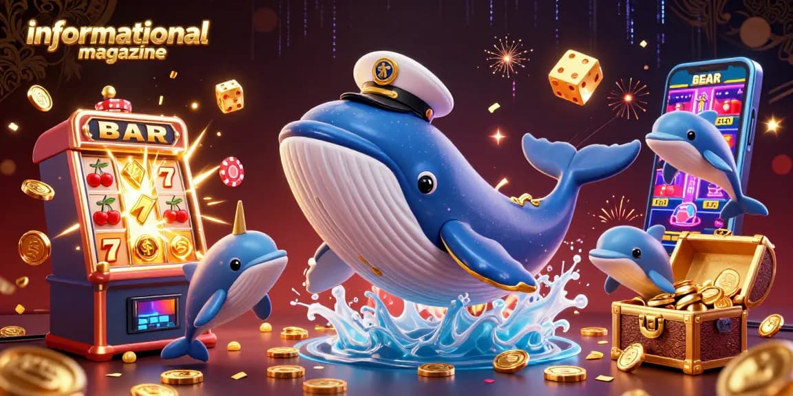 Join the fun in this informational magazine-themed casino scene featuring whales, poker chips, and slot machines.