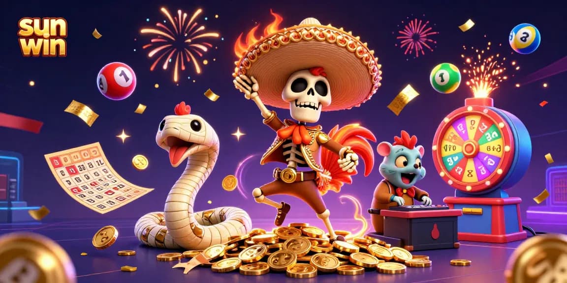 Sun win celebration with a mariachi rooster, mummy snake, and a DJ hamster amidst lottery themes.