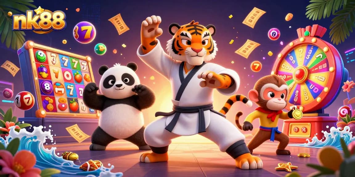 Experience thrilling nk88 slots with a kung fu tiger master, pandas, and monkeys in action.