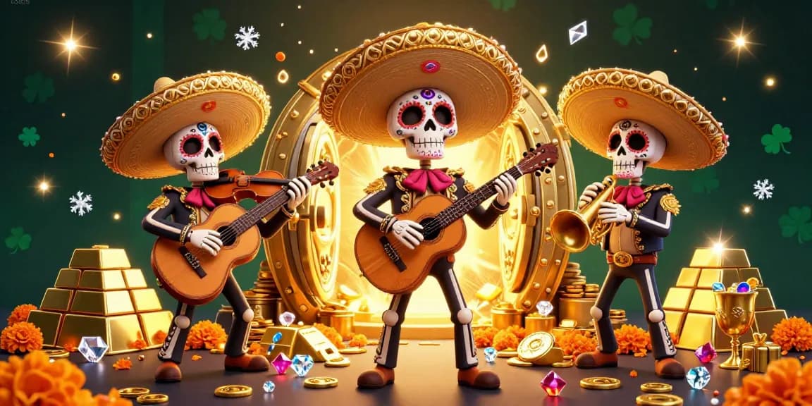 Experience the vibrant artistry of Xo888 with a lively mariachi band and treasure in an engaging casino scene.