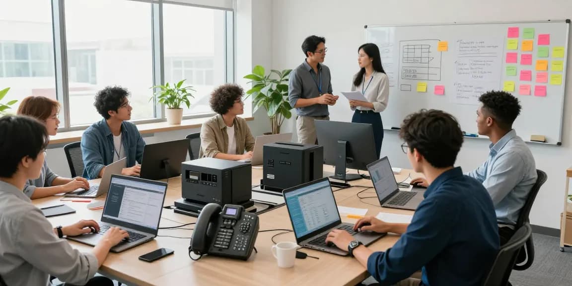 Collaborative team discussing innovative office phone systems in a modern workspace.