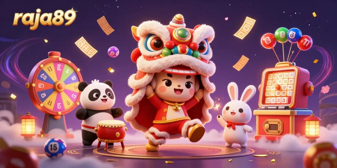 Engage with raja89 through a vibrant 3D scene featuring a dynamic lion dance with lottery elements.