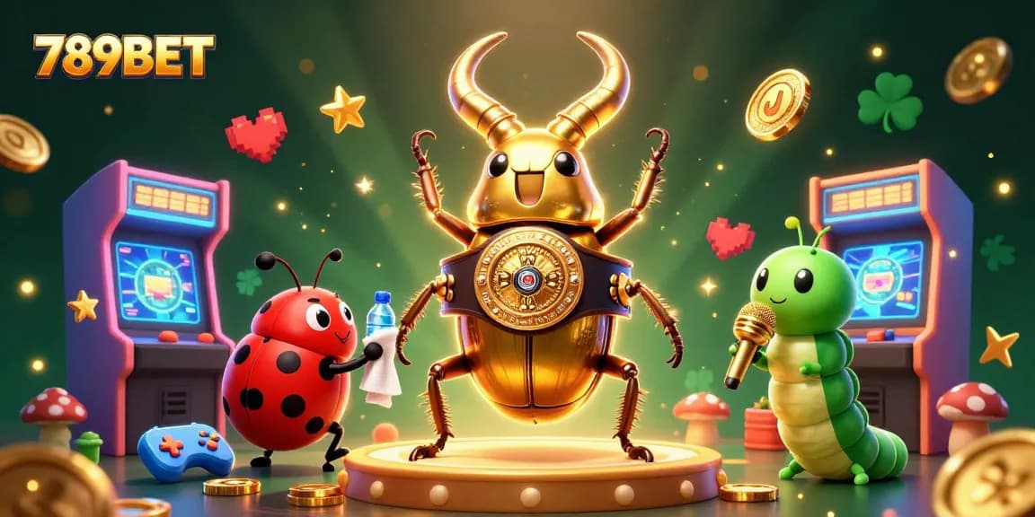 Engage in thrilling gameplay at 789BET with a 3D illustration of a giant golden stag beetle boxing champion.