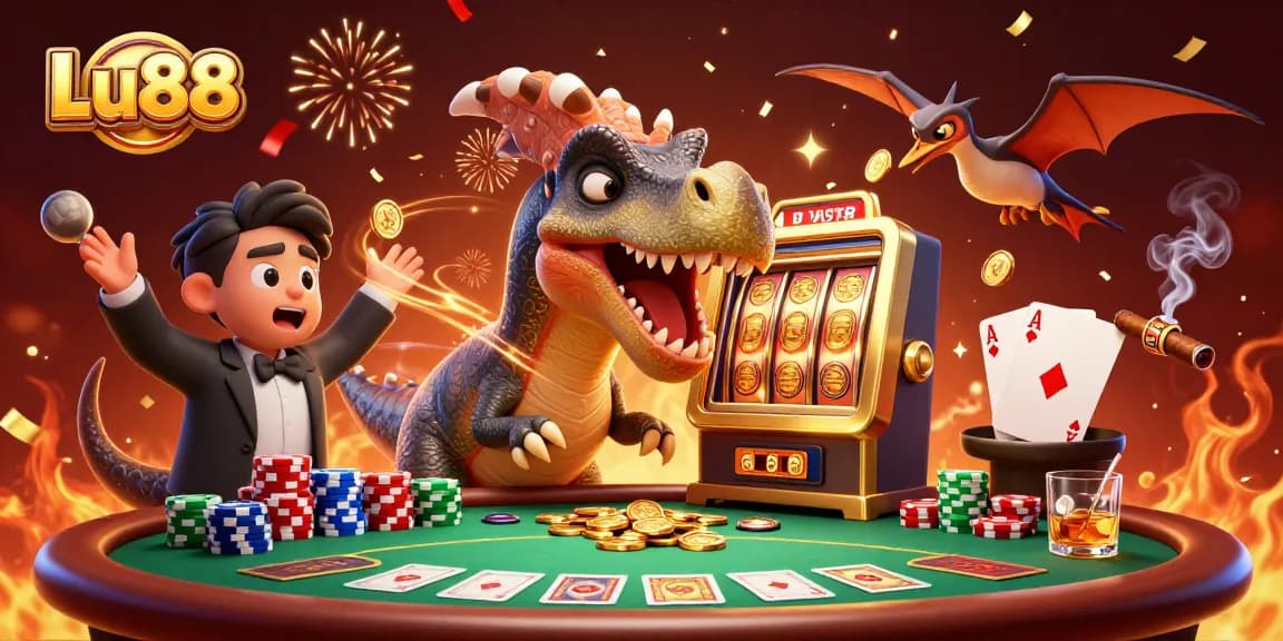 Experience thrilling wins at Lu88 with a 3D pachycephalosaurus unlocking jackpot coins from a golden slot machine.