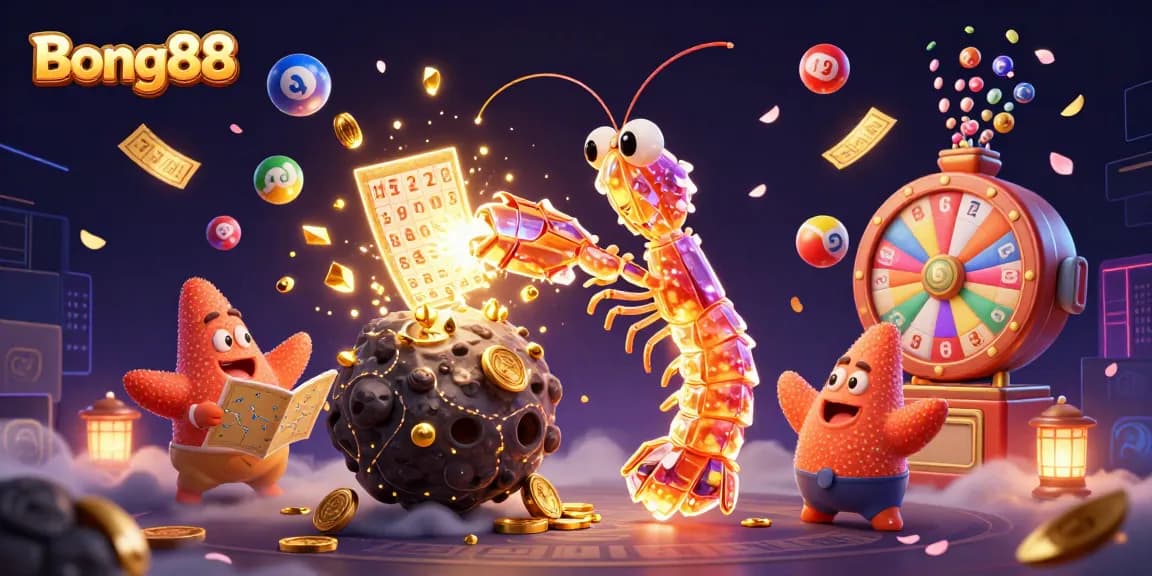 Bong88 players immerse in a vibrant casino scene with galactic characters winning gems and coins.