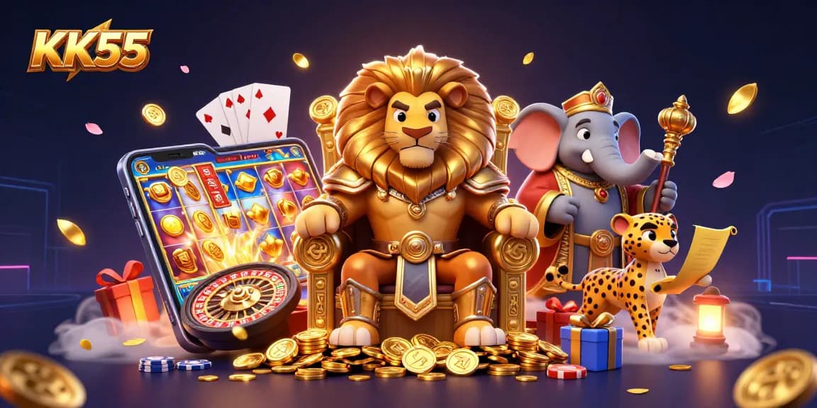 Experience the excitement of KK55 with a vibrant 3D casino scene featuring a lion king, elephant, and cheetah.