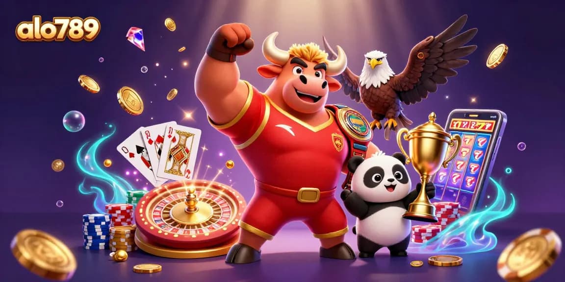 Experience thrilling gaming with alo789's vibrant 3D casino scene featuring symbols of excitement and victory.