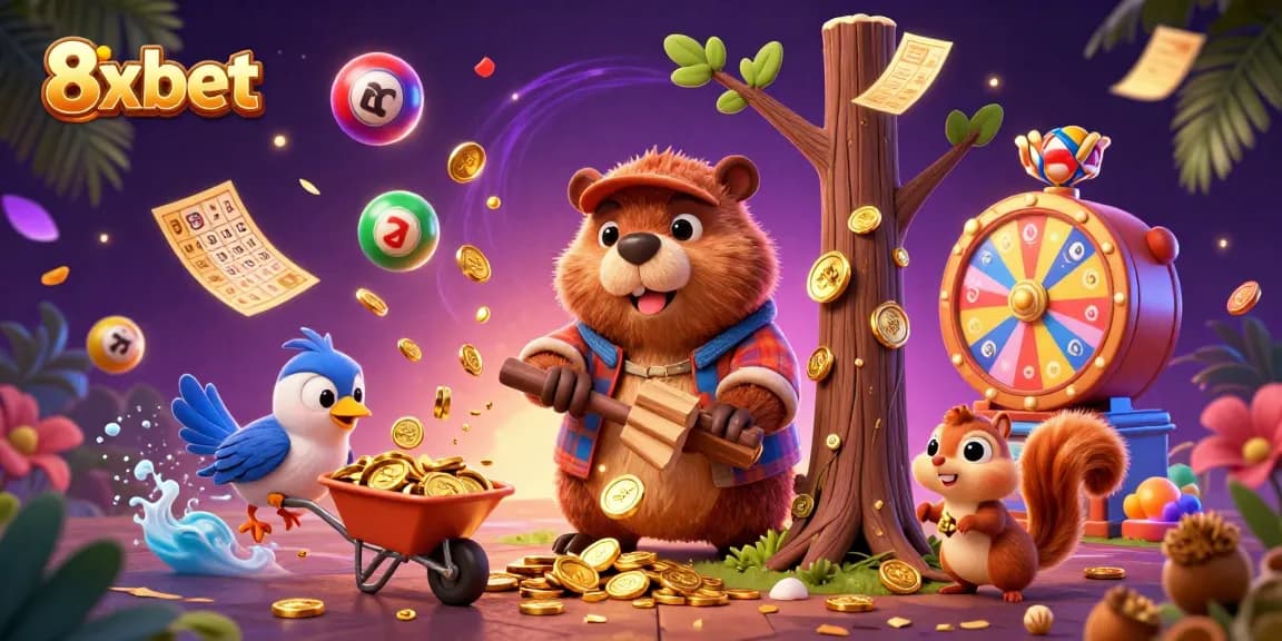 Engage with 8xbet in a vibrant casino-themed illustration featuring a beaver, bird, and squirrel amid golden coins and dynamic lottery elements.