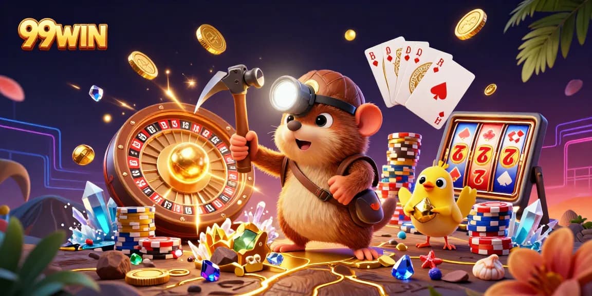 Experience thrilling gaming adventures with 99WIN in this action-packed casino illustration.