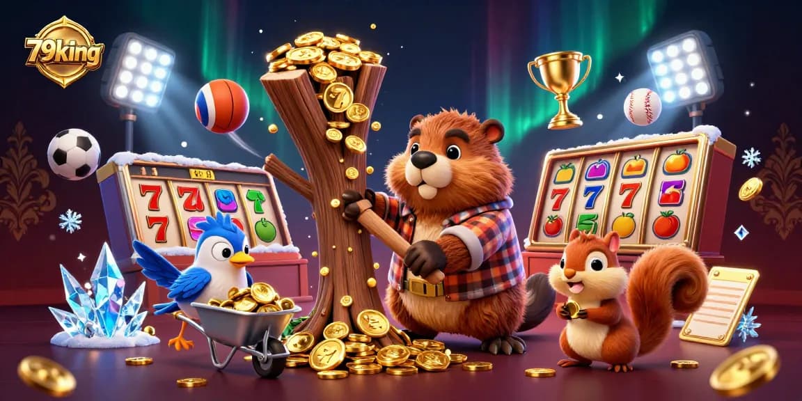 A captivating scene with 79king's lumberjack beaver amidst slot reels and golden coins, showcasing fun casino dynamics.