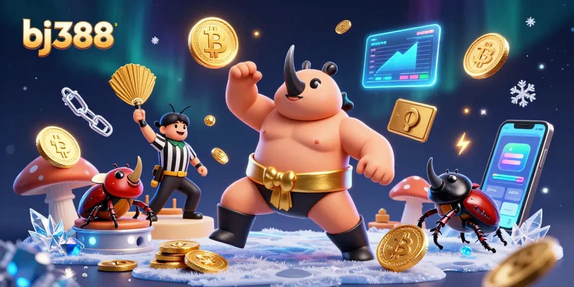 Experience high-energy gameplay at bj388, featuring a dynamic scene of sumo beetles and crypto elements.