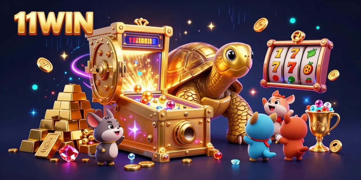 Experience thrilling gameplay with 11WIN's golden tortoise pinball machine surrounded by dazzling casino treasures.