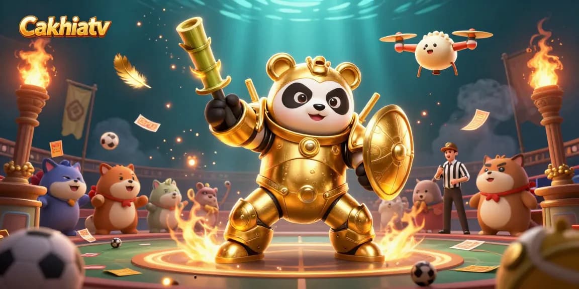 Cakhiatv showcases a dynamic sports betting scene with a golden panda in a mech-suit battling amidst betting slips and sports elements.