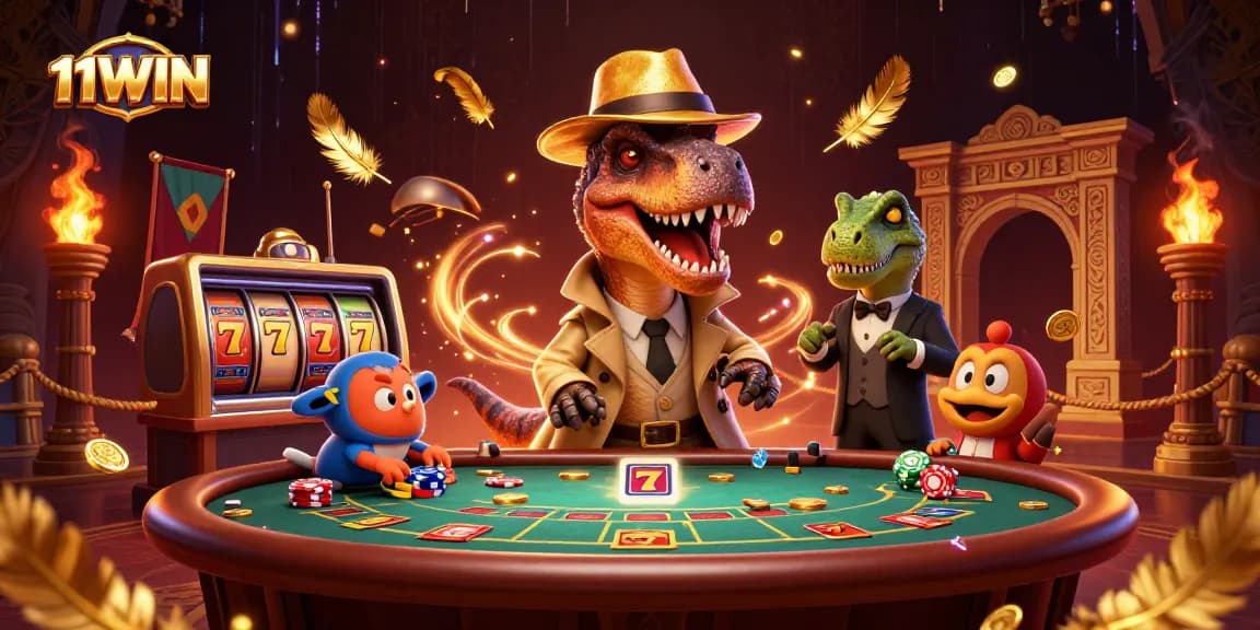 11WIN showcases a thrilling blackjack scene with dynamic cartoon dinosaurs, vibrant casino elements, and rich details.