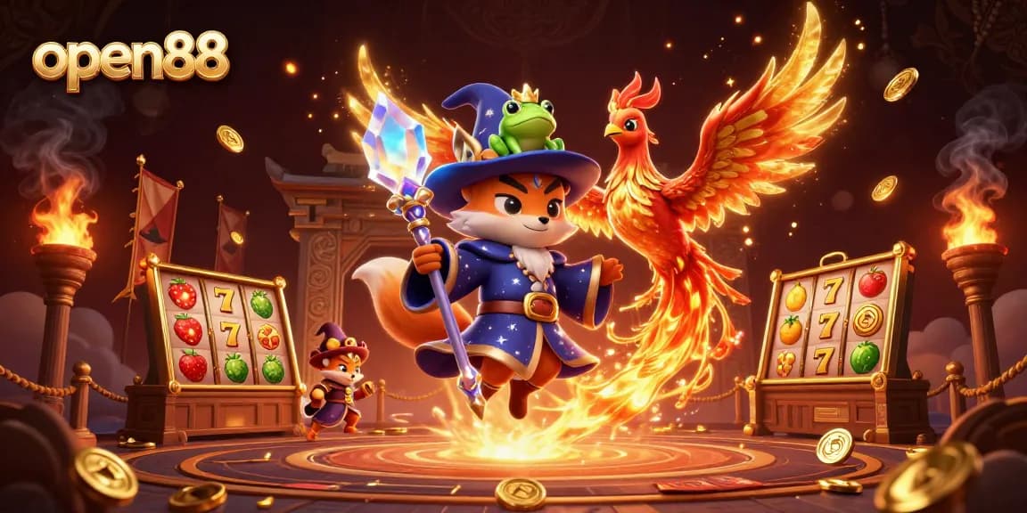open88 showcases an enchanting casino scene with mystical characters and slot elements, featuring gold coins and vibrant effects.