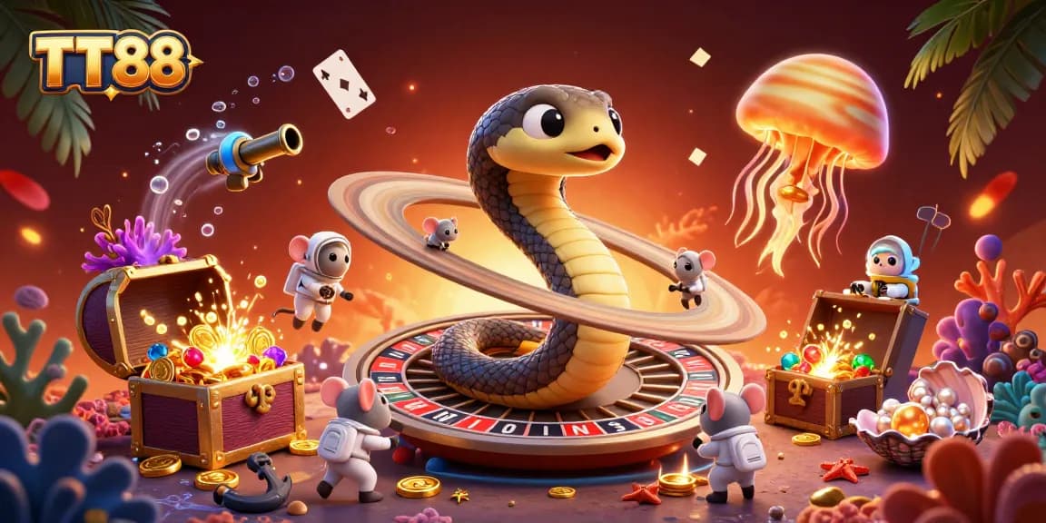 TT88 offers a dynamic gambling experience with astronaut mice betting on roulette around Saturn.