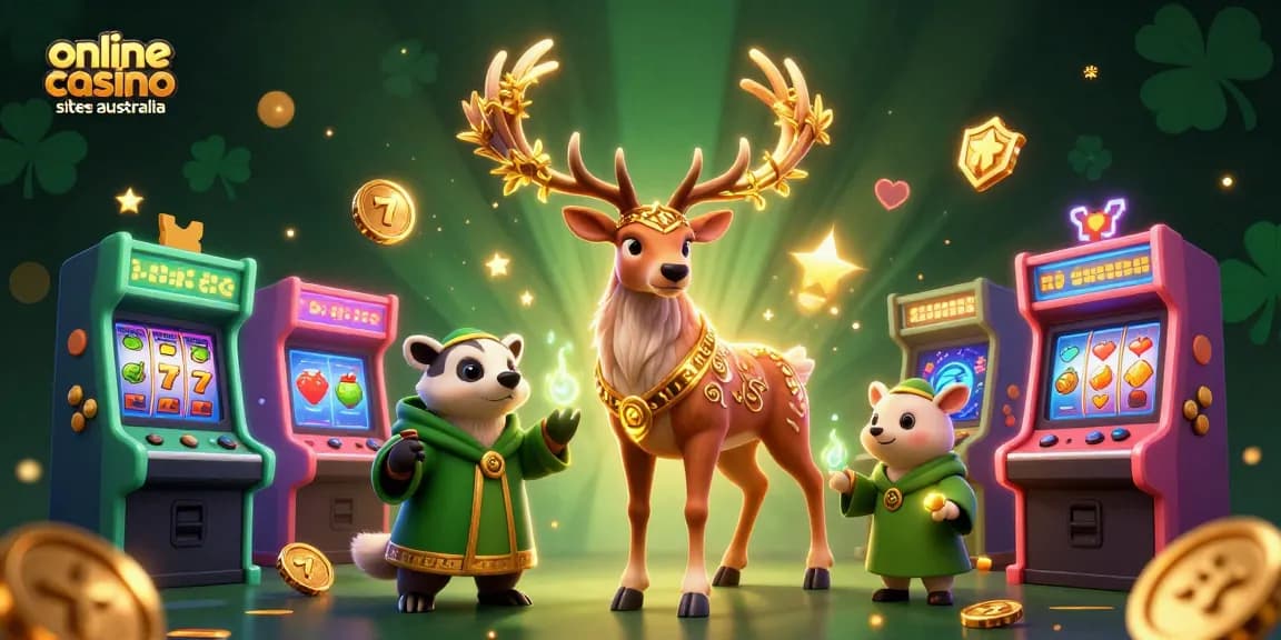 Discover top online casino sites Australia with vibrant game elements and friendly characters in a lively 3D scene.