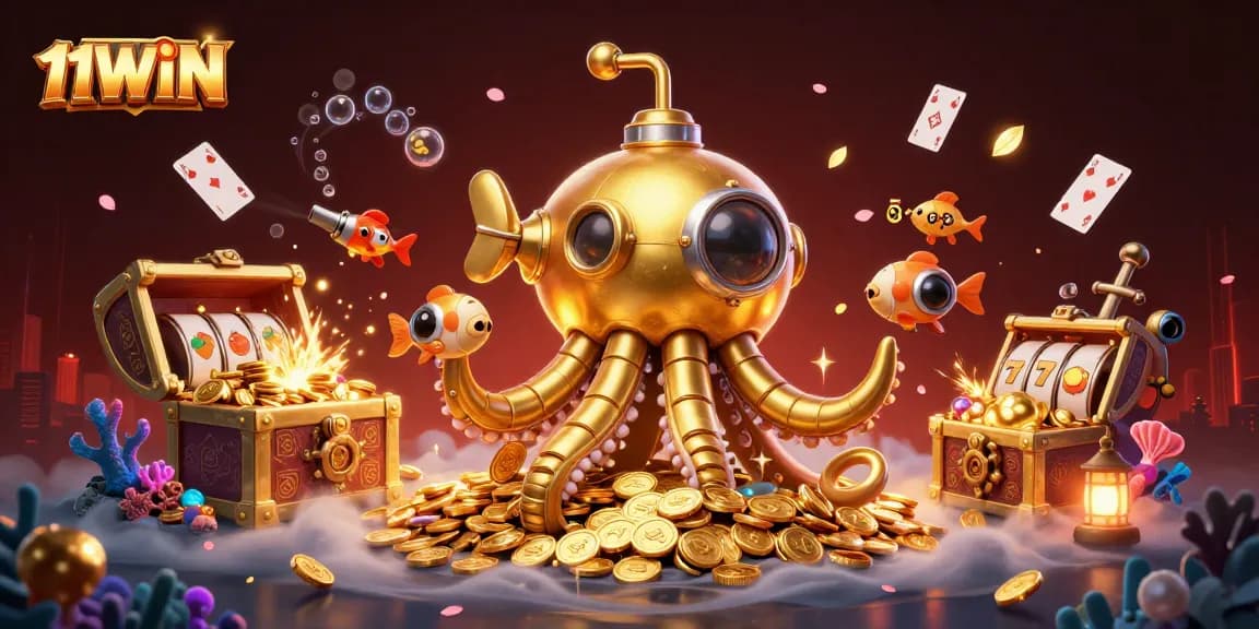 Engage with 11WIN's dynamic underwater scene featuring a golden kraken and vibrant casino elements.