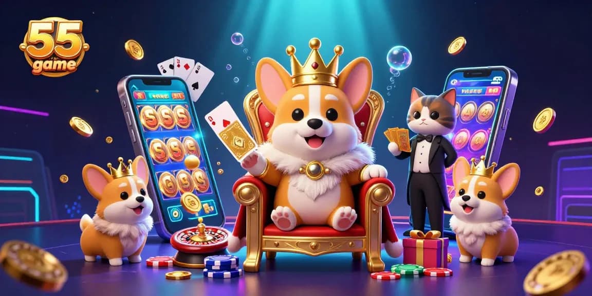 Experience the thrill of the 55 club game with vibrant corgis and dynamic casino elements.