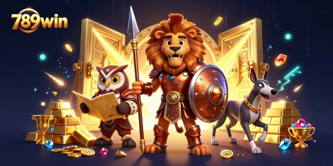 Engage in thrilling gameplay at 789win with a dazzling casino illustration showcasing epic battles and treasures.