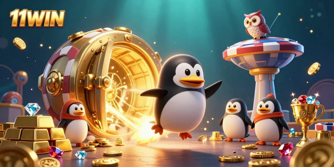 Experience the thrill of winning at 11WIN with a dynamic scene of a golden penguin amidst casino treasures.