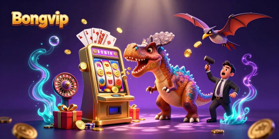 Bongvip's pachycephalosaurus wins jackpot coins from a golden slot machine amidst casino chaos