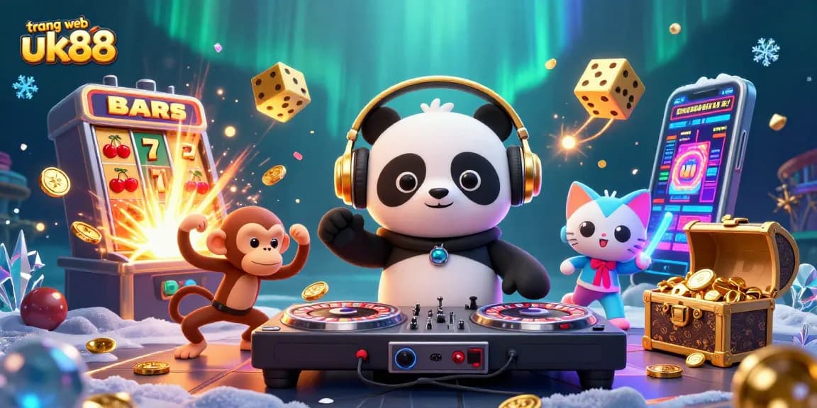 Engage with the vibrant world of trang web uk88, featuring a DJ panda and colorful casino elements.