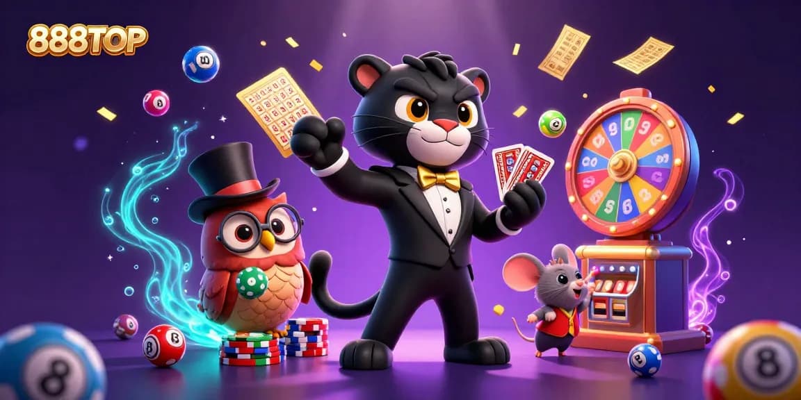 Engage with thrilling gameplay at 888TOP featuring a stylish black panther dealing cards amidst vibrant casino elements.