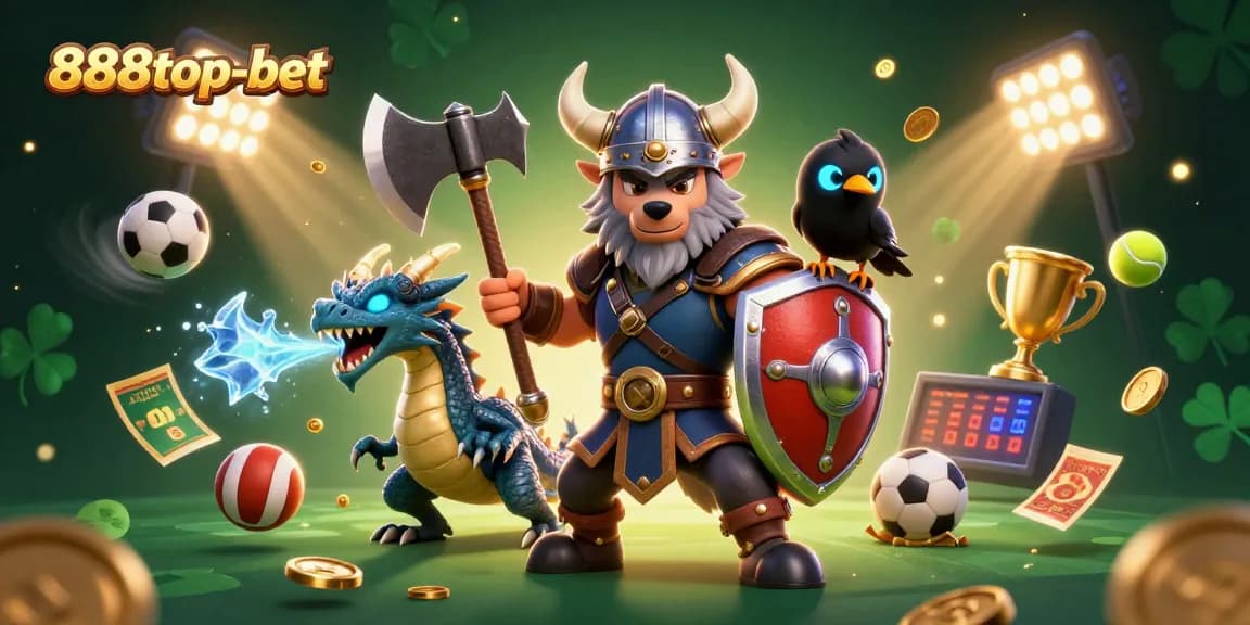 Experience thrilling moments at 888top-bet with a dynamic illustration featuring a Viking wolf warrior, ice-breathing dragon, and sports elements.