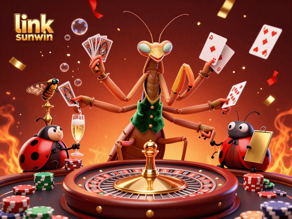 Join the excitement with link sunwin at a vibrant casino scene featuring a clever mantis and ladybug managing games.