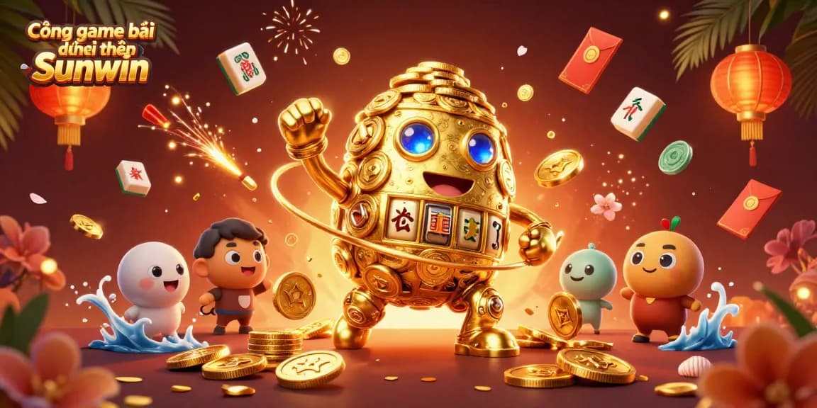 Experience the excitement with Cổng game bài đổi thưởng Sunwin, featuring a golden golem and festive elements.