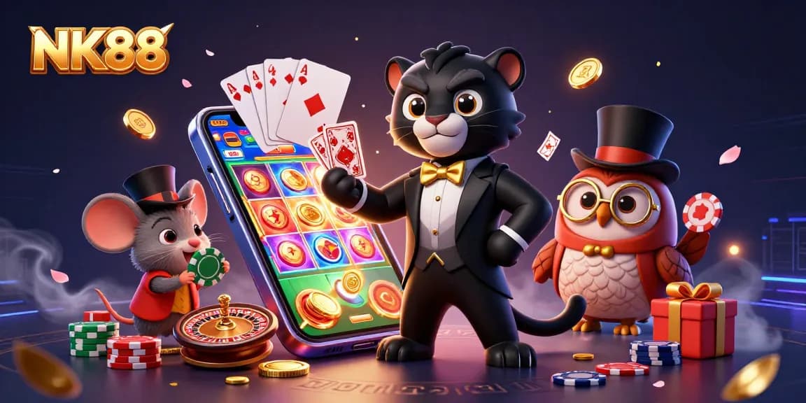 NK88 showcases a stylish panther dealing cards among vibrant casino elements in a dynamic 3D scene.