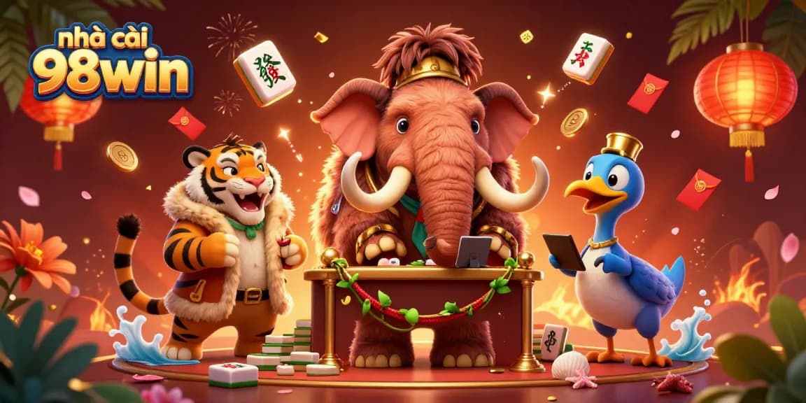 Catching the thrill at nhà cái 98win with a colorful illustration of casino characters and gaming elements