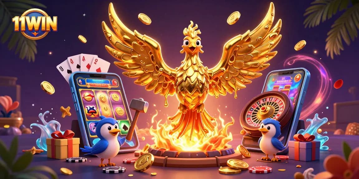 Experience the thrill of 11WIN with a dynamic golden phoenix and casino elements in action.