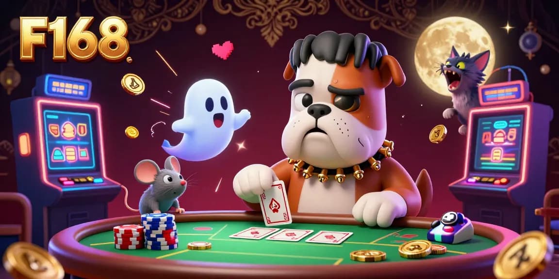 Play thrilling games at F168, where a Frankenstein bulldog deals cards amidst a lively casino atmosphere.
