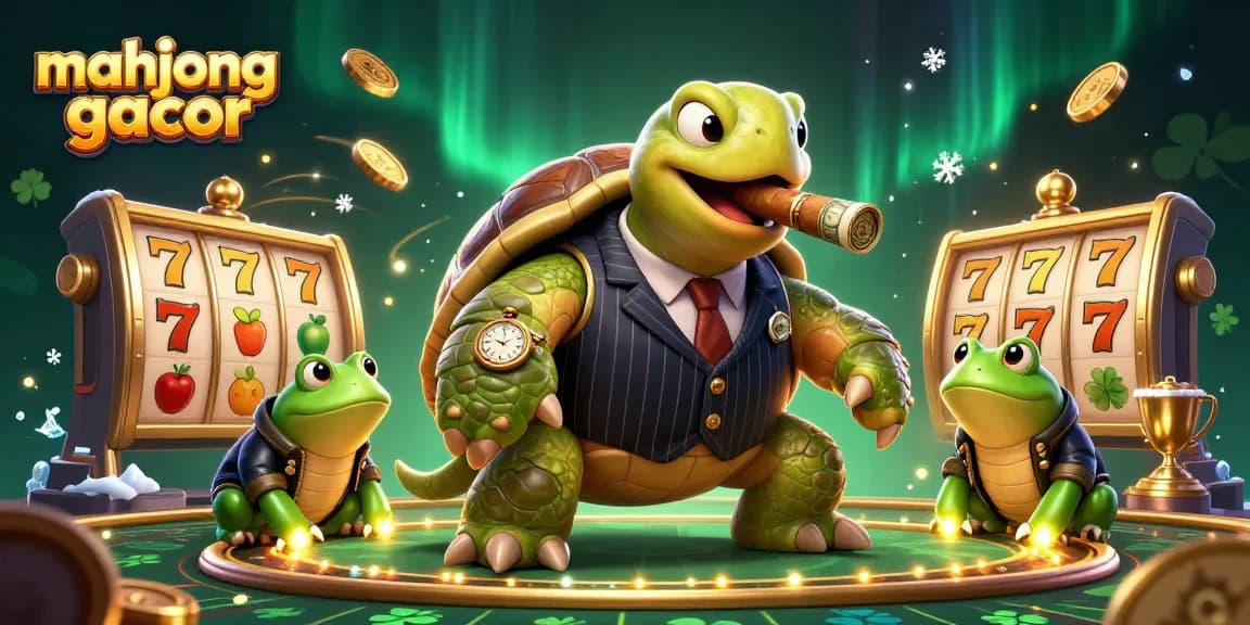 Engage with mahjong gacor at BANDAR MAHJONG featuring a lively 3D cartoon turtle in a mob suit.