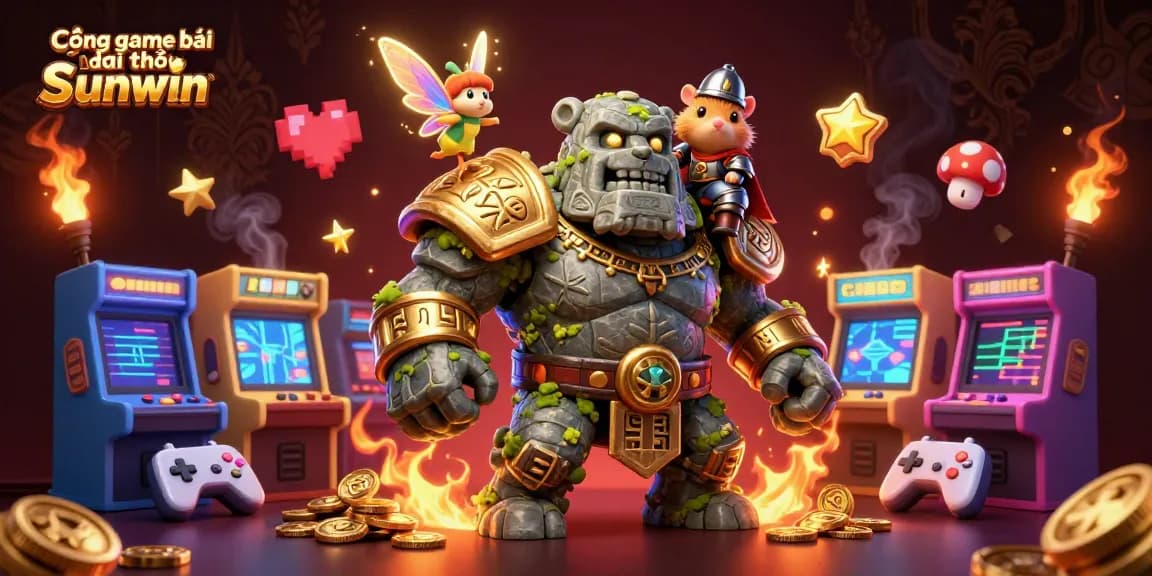 Cổng game bài đổi thưởng Sunwin showcases a vibrant 3D casino scene with animated characters and dynamic gaming elements.