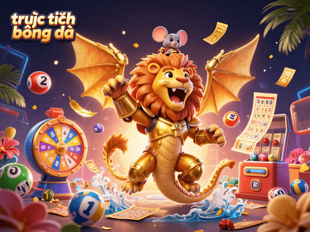 Experience trực tiếp bóng đá with dynamic lottery elements and an energetic chimera in a vibrant casino scene.