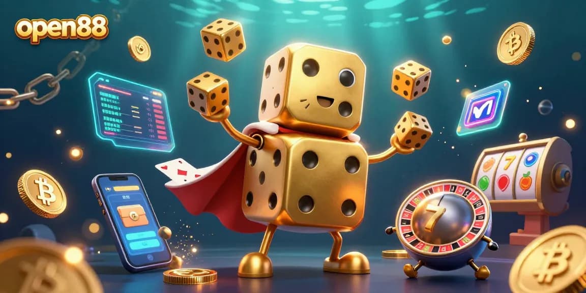 Join the excitement at open88 with a vibrant 3D illustration of a golden dice golem and crypto elements.