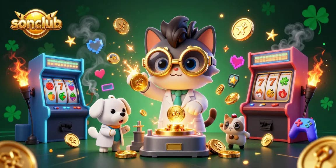 Experience thrilling game action at sonclub with cartoon characters amidst dynamic casino elements.