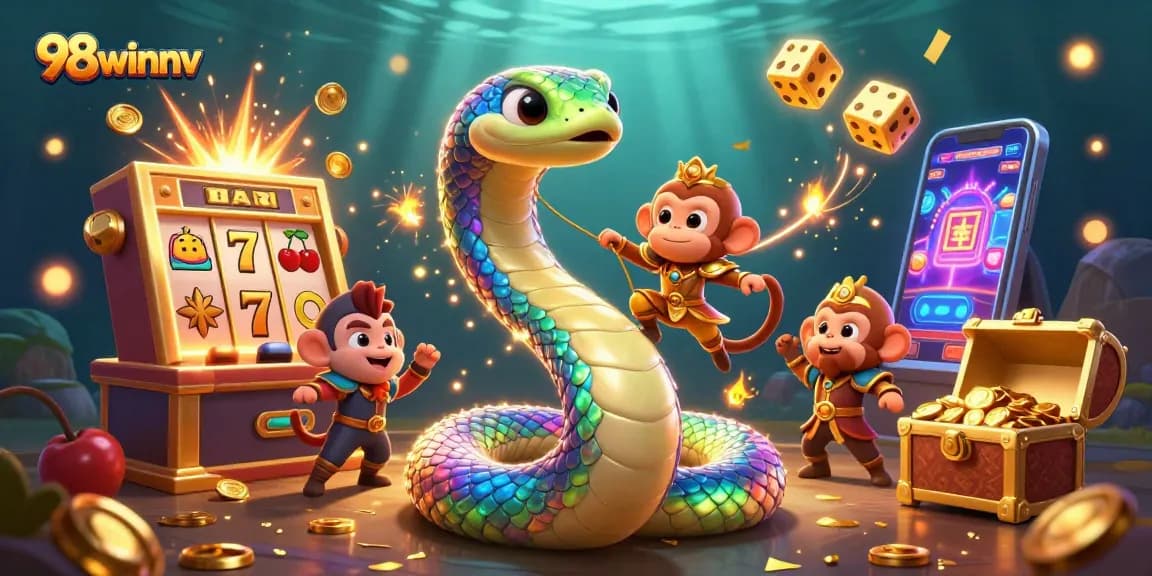 Experience jackpot thrills with 98winnv's colorful casino world featuring vibrant slot machines and dynamic characters.