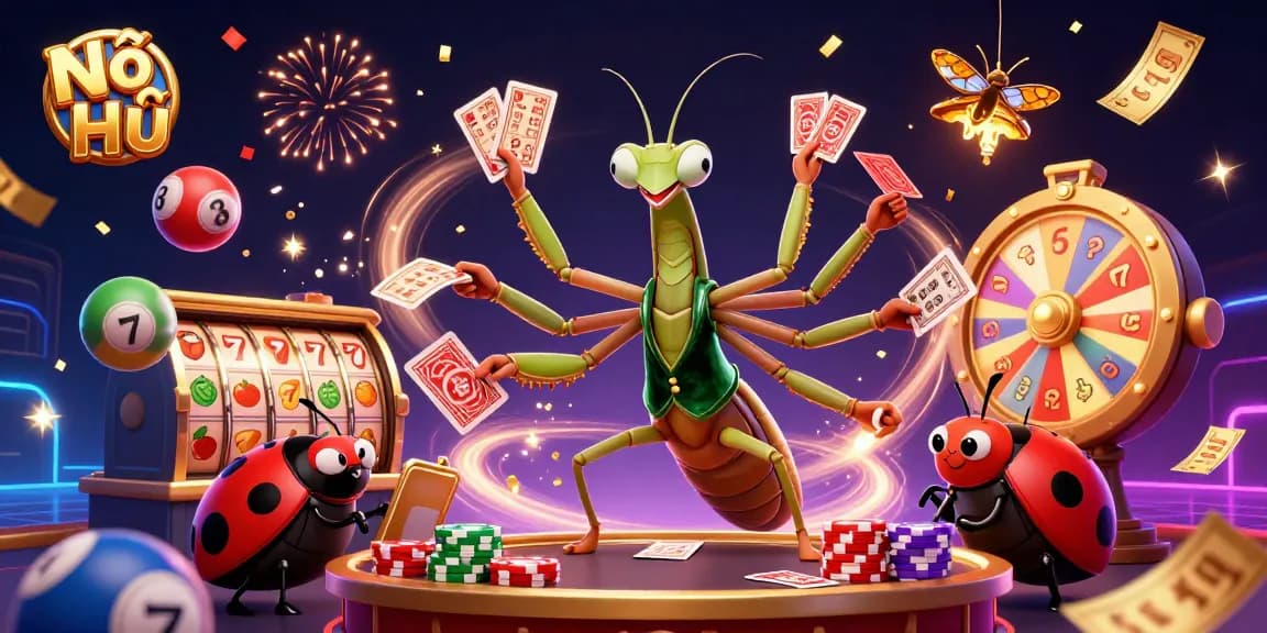 Nổ Hũ spins fast-paced slot reels and lottery excitement with dynamic characters and colorful elements.