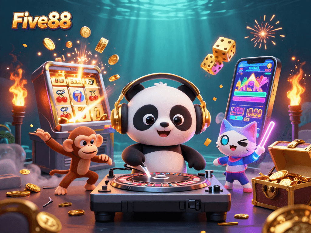 Experience exhilarating gameplay at Five88 with a lively 3D casino scene featuring vibrant characters and engaging slot elements.