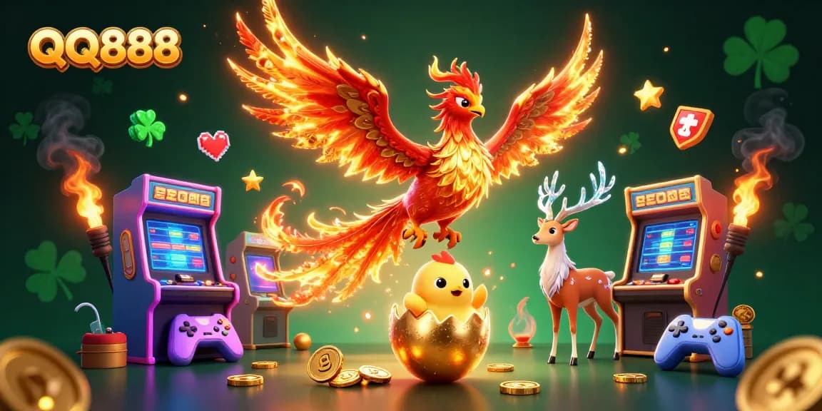 Experience QQ888 with a stunning illustration of a fire phoenix, baby phoenix, and mystical stag, showcasing colorful gaming elements and dynamic action.
