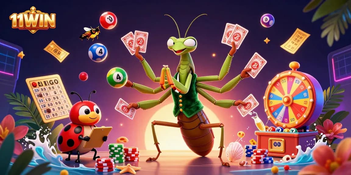 Engage with 11WIN's vibrant gaming scene featuring colorful elements and animated casino activities.